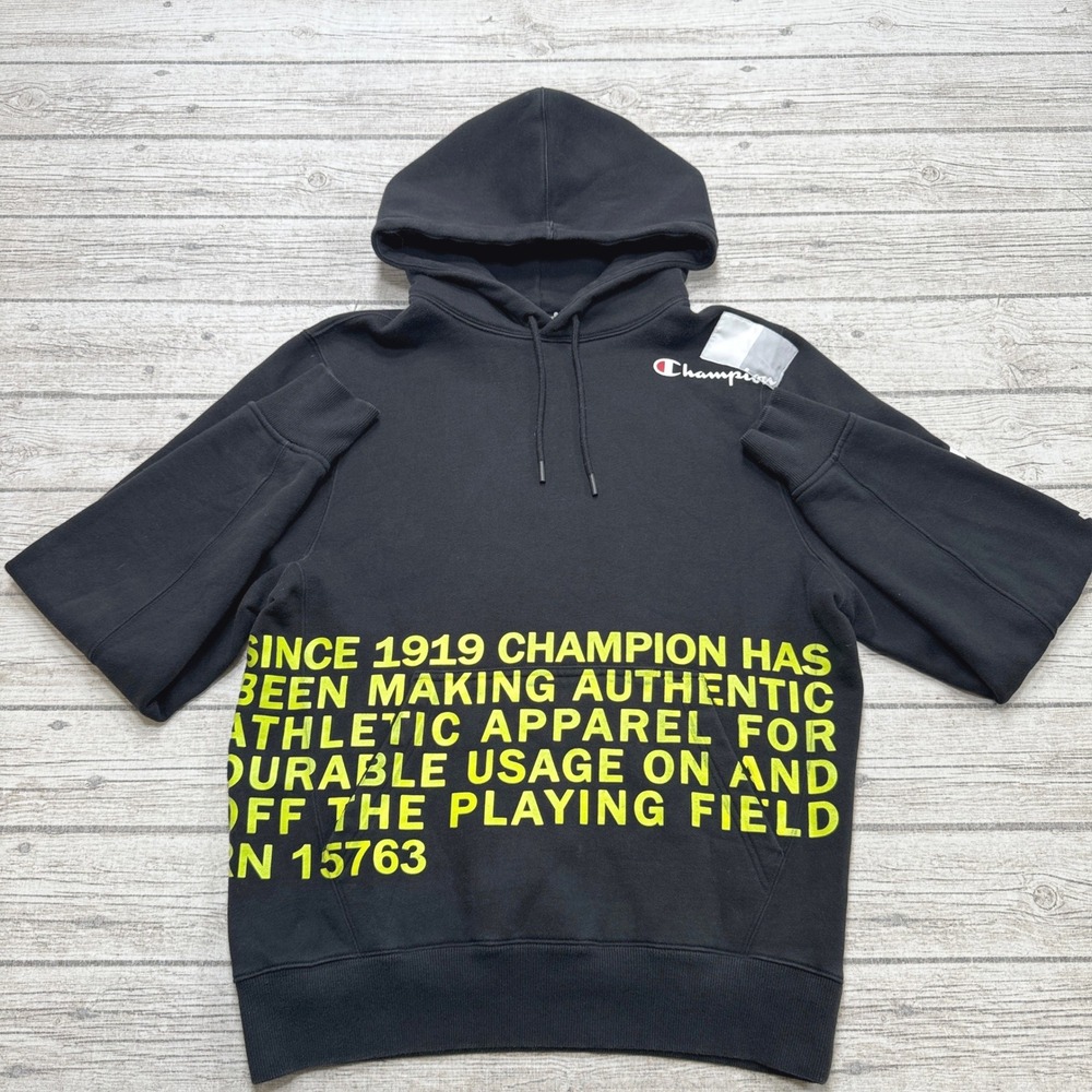 Champion Hoodie Men's Medium Black Neon Yellow Graphic Fleece Lined Streetwear
